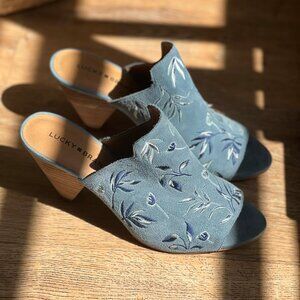 Lucky Brand - Size 9 - Embroidered Embree Blue Floral Suede Peep Toe Mules